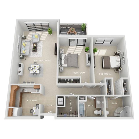 A 3D rendered image of a house layout with labeled rooms.