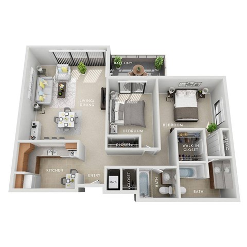 A floor plan of a small apartment with a kitchen, living room, two bedrooms, a bathroom, and a balcony.