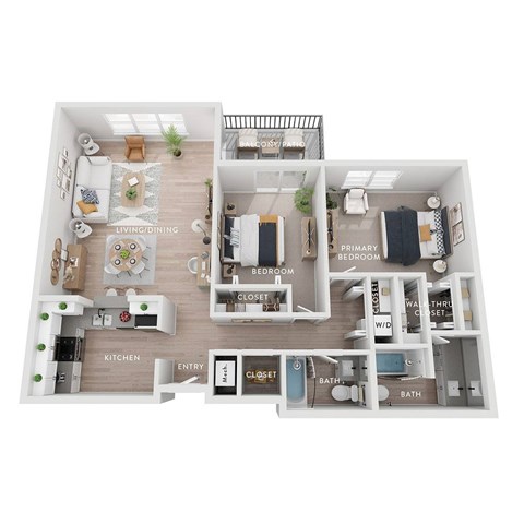 A floor plan of an apartment with labeled rooms such as kitchen, living room, and bathroom.