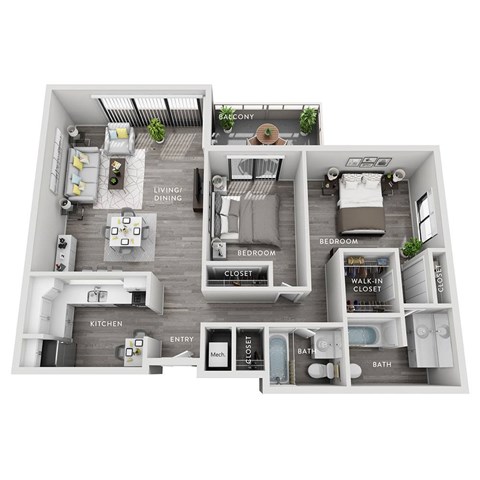 A floor plan of a small apartment with a kitchen, living room, dining room, bedroom, bathroom, and entry.