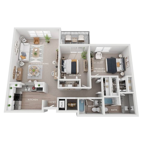 A floor plan of a house with a living room, kitchen, and two bedrooms.