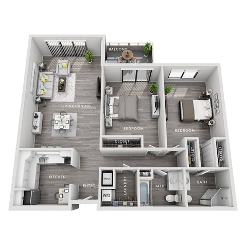 A floor plan of an apartment with a living room, kitchen, two bedrooms, a bathroom, and a balcony.