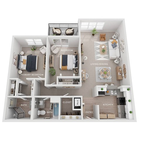 A floor plan of an apartment with a living room, kitchen, and three bedrooms.