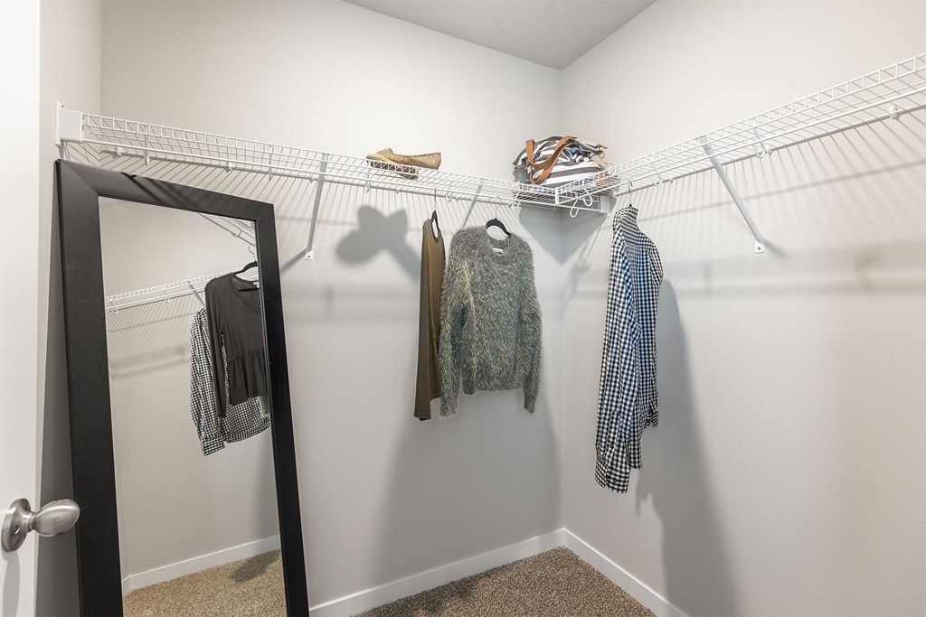 A white closet with clothes hanging on a wire rack.