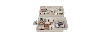 A top and bottom floor plan of a house with a living room, dining room, kitchen, and bedrooms.