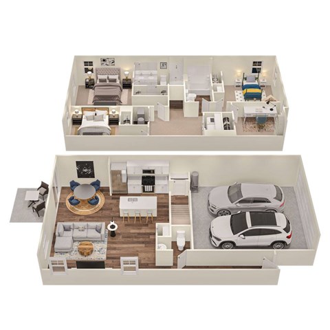 A top and bottom floor plan of a house with a living room, dining room, kitchen, and bedrooms.