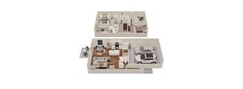 A top and bottom floor plan of a house with a living room, kitchen, and two bedrooms.