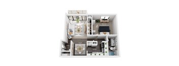 A diagram of a small apartment layout with a living room, bedroom, kitchen, and bathroom.