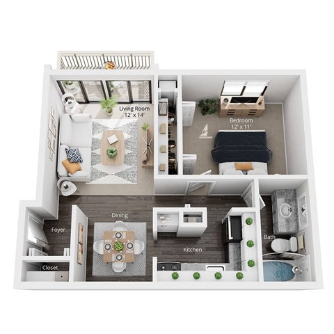 A diagram of a small apartment layout with a living room, bedroom, kitchen, and bathroom.