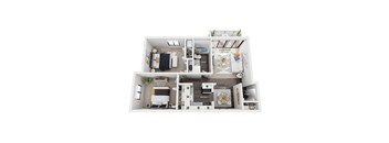 A floor plan of a small apartment with a bedroom, living room, kitchen, and bathroom.