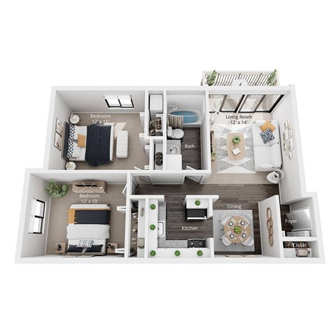 A floor plan of a small apartment with a bedroom, living room, kitchen, and bathroom.