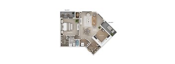 A floor plan of a home showing a living room, dining room, kitchen, two bedrooms, a bathroom, and a foyer.