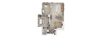 A floor plan of a small apartment with a living room, kitchen, bedroom, bathroom, and foyer.