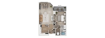 A floor plan of a balcony, living room, bedroom, bathroom, kitchen, and foyer.