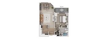 A floor plan of a balcony apartment with a living room, kitchen, foyer, bath, and bedroom.