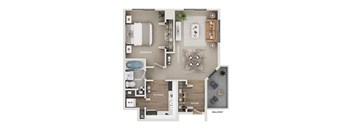 A floor plan of a house showing a bedroom, living room, kitchen, and foyer.