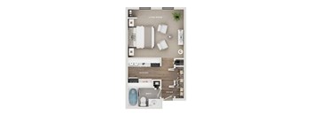 A floor plan of a living space, kitchen, and bathroom layout.