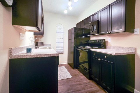 A kitchen with black cabinets and a black fridge.