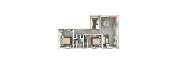 A 3D model of a house with a kitchen, living room, and bathroom.