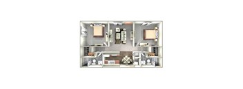 A 3D floor plan of a house with a kitchen, living room, and bathroom.