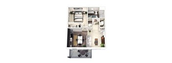 A top-down view of a modern apartment with a living room, kitchen, and bedroom.