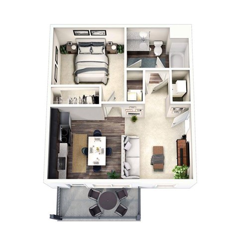 A top-down view of a modern apartment with a living room, kitchen, and bedroom.