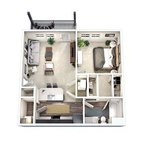 a 3d drawing of the 1 bedroom floor plan of a 2100 sq ft apartment