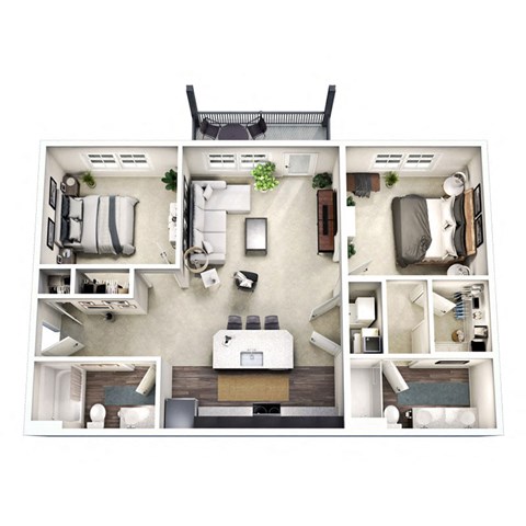 a 3d floor plan of a 1 bedroom apartment