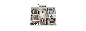 a 3d floor plan of a 3 bedroom apartment