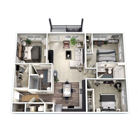 a 3d floor plan of a 3 bedroom apartment