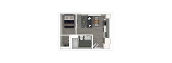 A floorplan of an apartment with a bedroom, living room, kitchen, and bathroom.