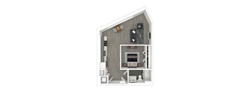 A floor plan of an apartment with a living room, kitchen, dining area, bedroom, and bathroom.