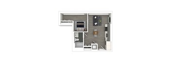 A top-down view of an apartment with a kitchen, living room, dining area, bedroom, and bathroom.