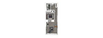 A top-down view of an apartment with a kitchen, living room, dining area, bedroom, and bathroom.