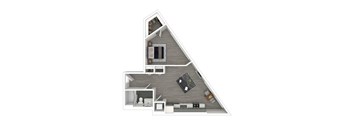 A top down view of an apartment with a kitchen, living room, dining area, bathroom, and bedroom.