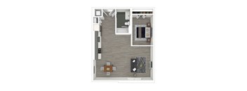 A top down view of an apartment with a bathroom, bedroom, living room, dining area, and kitchen.