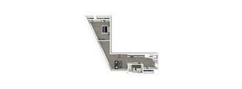 A floor plan of an apartment with a kitchen, dining area, living room, bedroom, and bathroom.