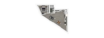 A top down view of an apartment layout with a kitchen, dining area, living room, bedroom, and bathroom.