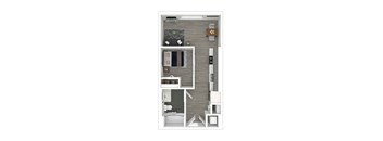 A top-down view of a modern apartment layout with a kitchen, living room, dining area, bedroom, and bathroom.