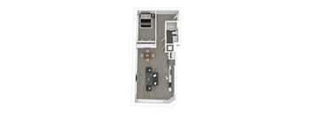 A top down view of a small apartment with a kitchen, living room, dining area, bedroom, and bathroom.