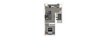 A floorplan of an apartment with a kitchen, bedroom, living room, and bathroom.