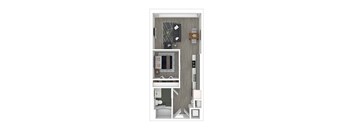 A floor plan of an apartment with a kitchen, living room, bedroom, and bathroom.