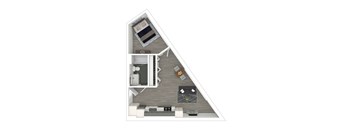 A floor plan of an apartment with a bedroom, living room, kitchen, and bathroom.