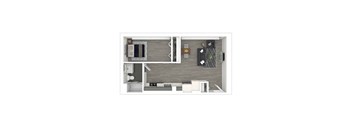 A floorplan view of an apartment with a kitchen, living room, dining area, bedroom and bathroom.