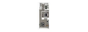 A floor plan of an apartment with a kitchen, dining area, living room, bedroom, and bathroom.