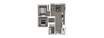 A modern apartment layout with a living room, kitchen, two bedrooms, and bathroom.