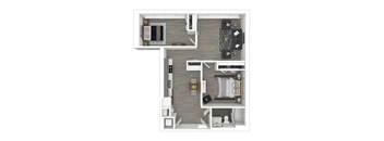 A top-down view of a modern apartment layout with a kitchen, living room, dining area, two bedrooms, and a bathroom.