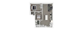 A top down view of a small apartment with a kitchen, dining area, living room, two bedrooms, and bathroom.