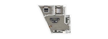 A top-down view of an apartment layout with two bedrooms, a living room, kitchen, dining area, and bathroom