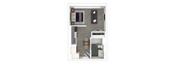 A modern apartment layout with a kitchen, living space, and bathroom.